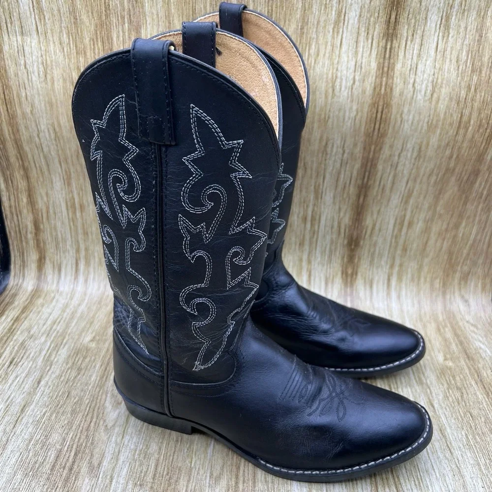 Justin Western Boots Kids Size 4.5 D Black Leather Contrast Stitch 6001 Y